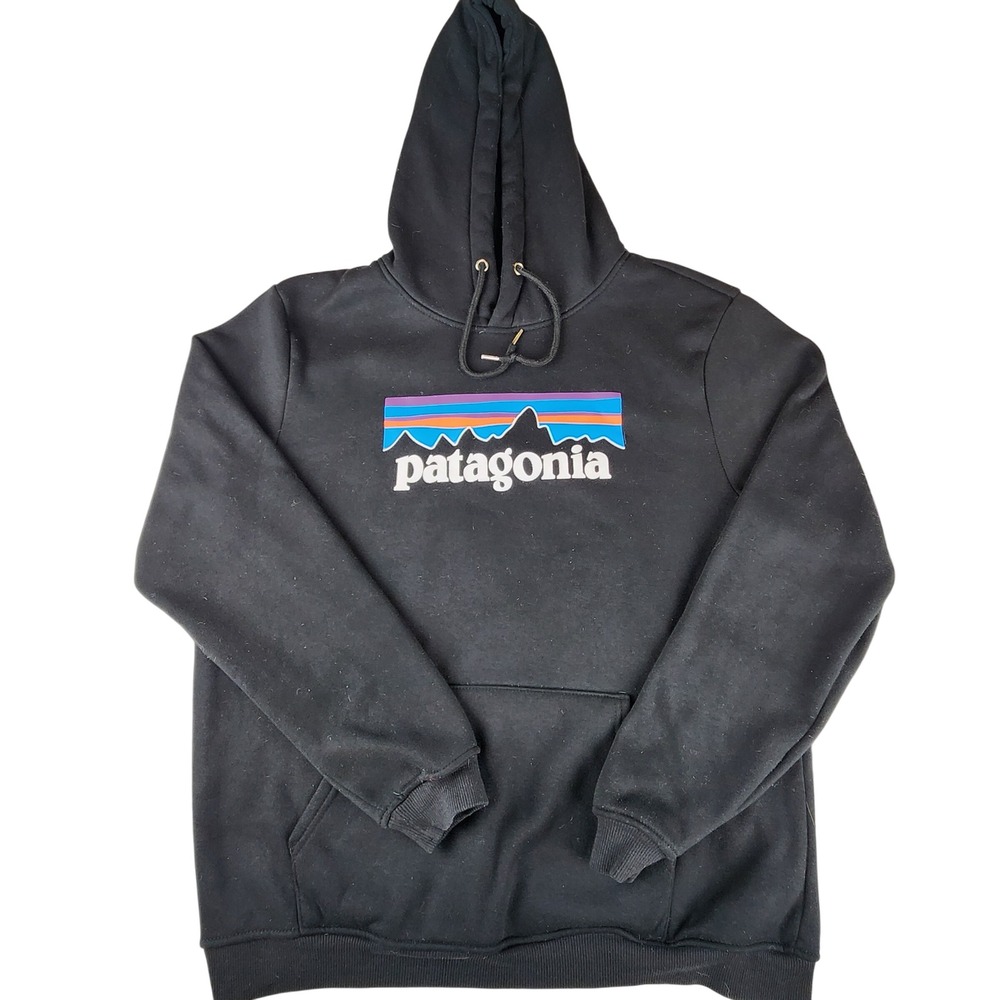 Patagonia Hoodie Mens Large Black Logo Pullover Fleece Sweatshirt
